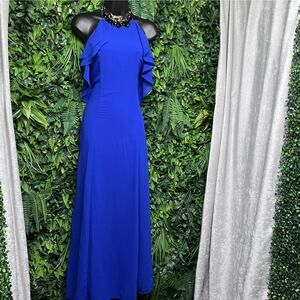 Lulus Dress Women Medium Royal Blue Halter Ruffle Sleeves Formal Gown Maxi  2667